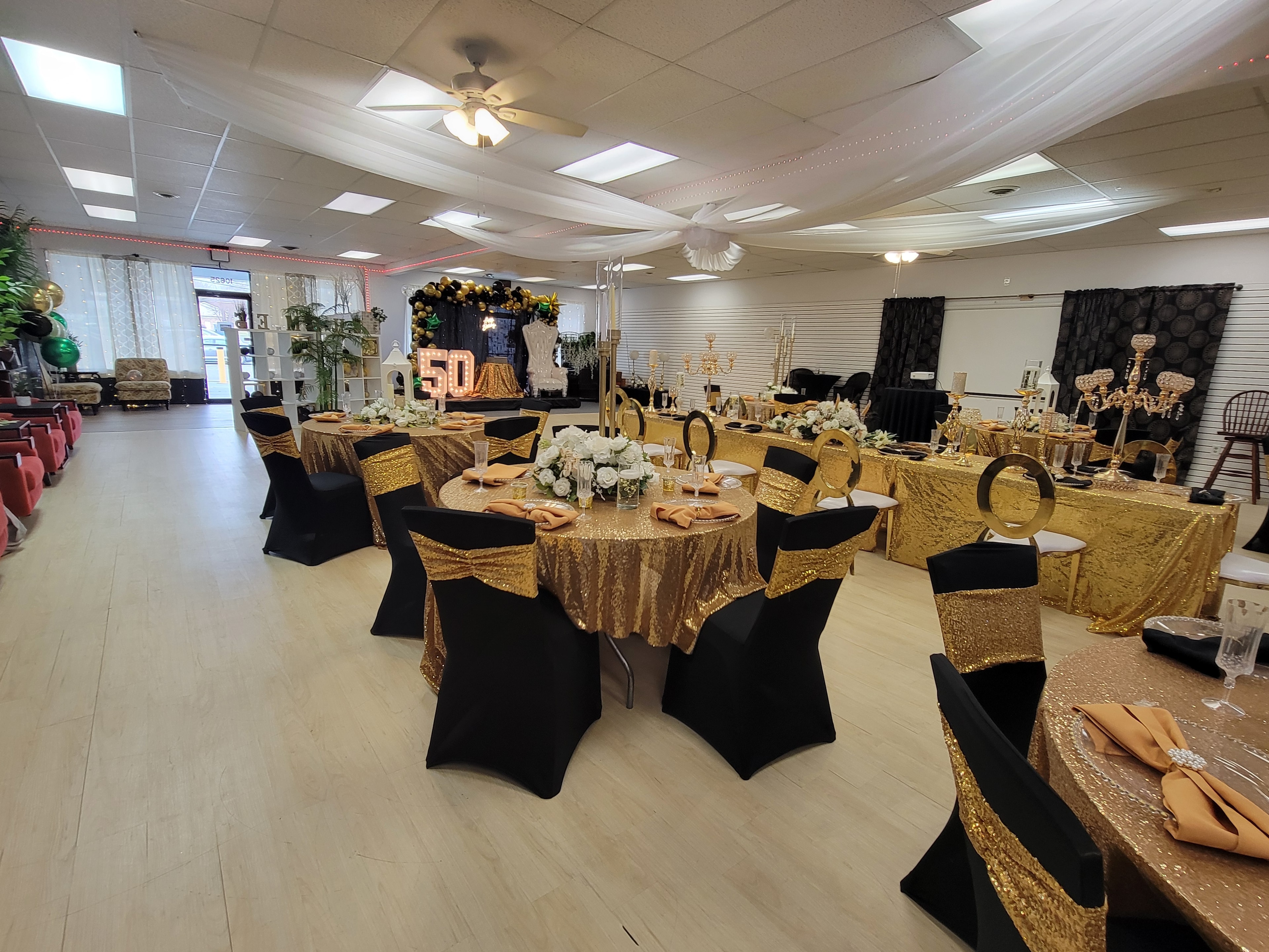 Gold and black decorated event hall